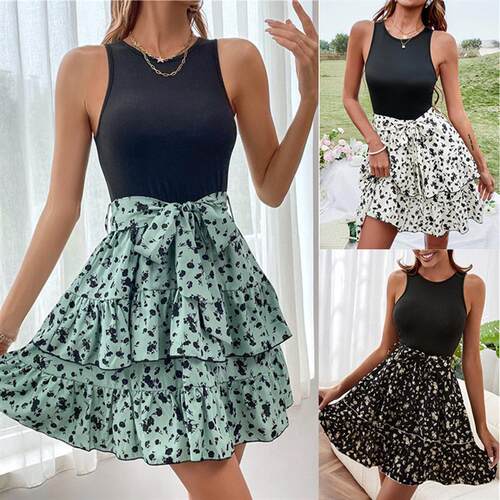 Round neck pullover sleeveless dress  无袖印花背心系带连衣裙