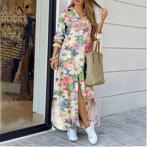 Autumn women floral Dress Casual print Long shirt skirt 女裙