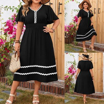 Plus size summer women dresses lady Lotus leaf sleeve dress