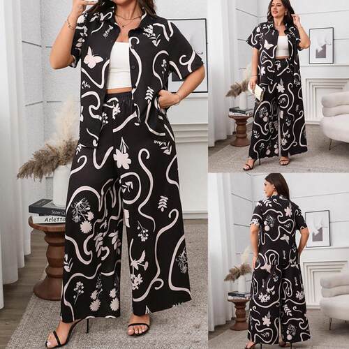 Summer plus size printed shirt pants women suit 胖MM两件套装