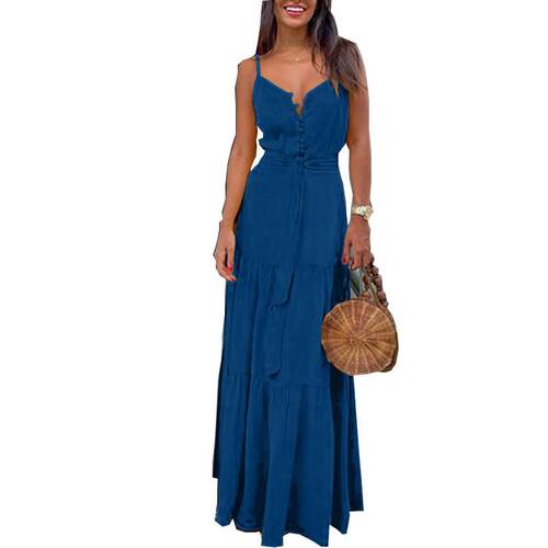 Vneck button sleeveless suspender dress V领无袖吊带连衣长裙