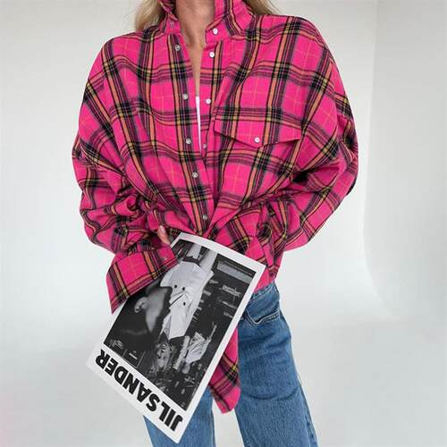 Checkered long sleeved shirt 2024 loose fitting shirt women