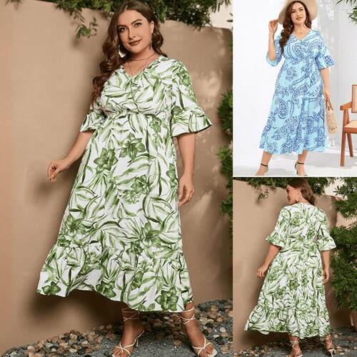 大码宽松V领喇叭袖印花连衣裙胖MM仙女裙 plus size summer dress
