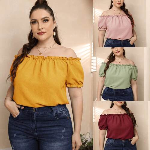 Fat women shirt plus size summer lady blouse tops 一字肩衬衫