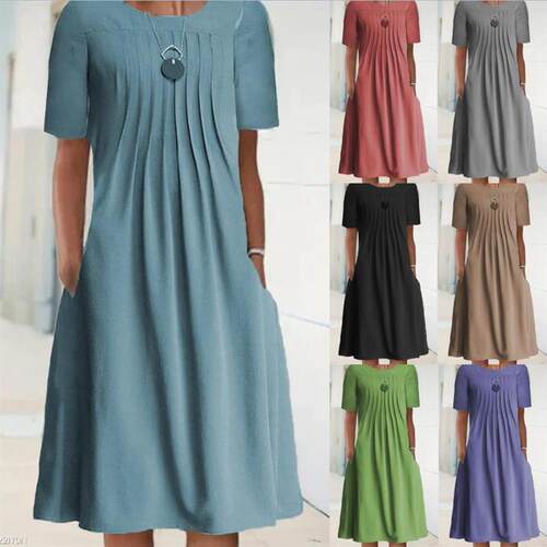 Round neck short sleeved large swing dress圆领短袖大摆连衣裙