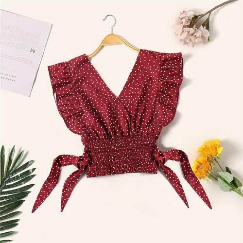 Summer short sleeve shirt womens slim crop top 波点印花上衣