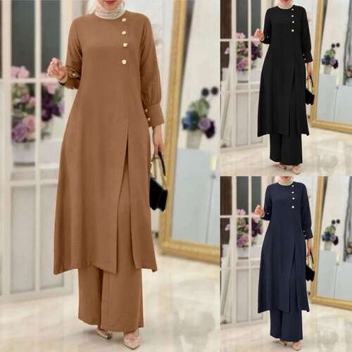 Womens solid color irregular long shirt toppants set