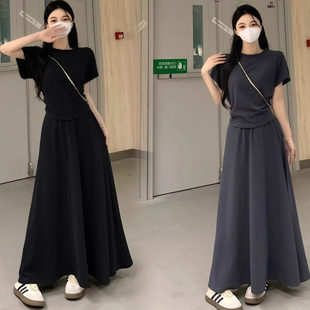 时尚 大码 洋气简约甜美短袖 胖MM韩系简约小众女装 半身裙两件套 夏季
