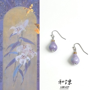 Hemo国风原创渐变紫色陶瓷水滴耳环优雅温柔文艺耳钩小众琉璃耳饰