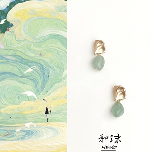 Hemo国风原创天然东陵玉耳环小众设计耳针高级感不规则金属耳饰女