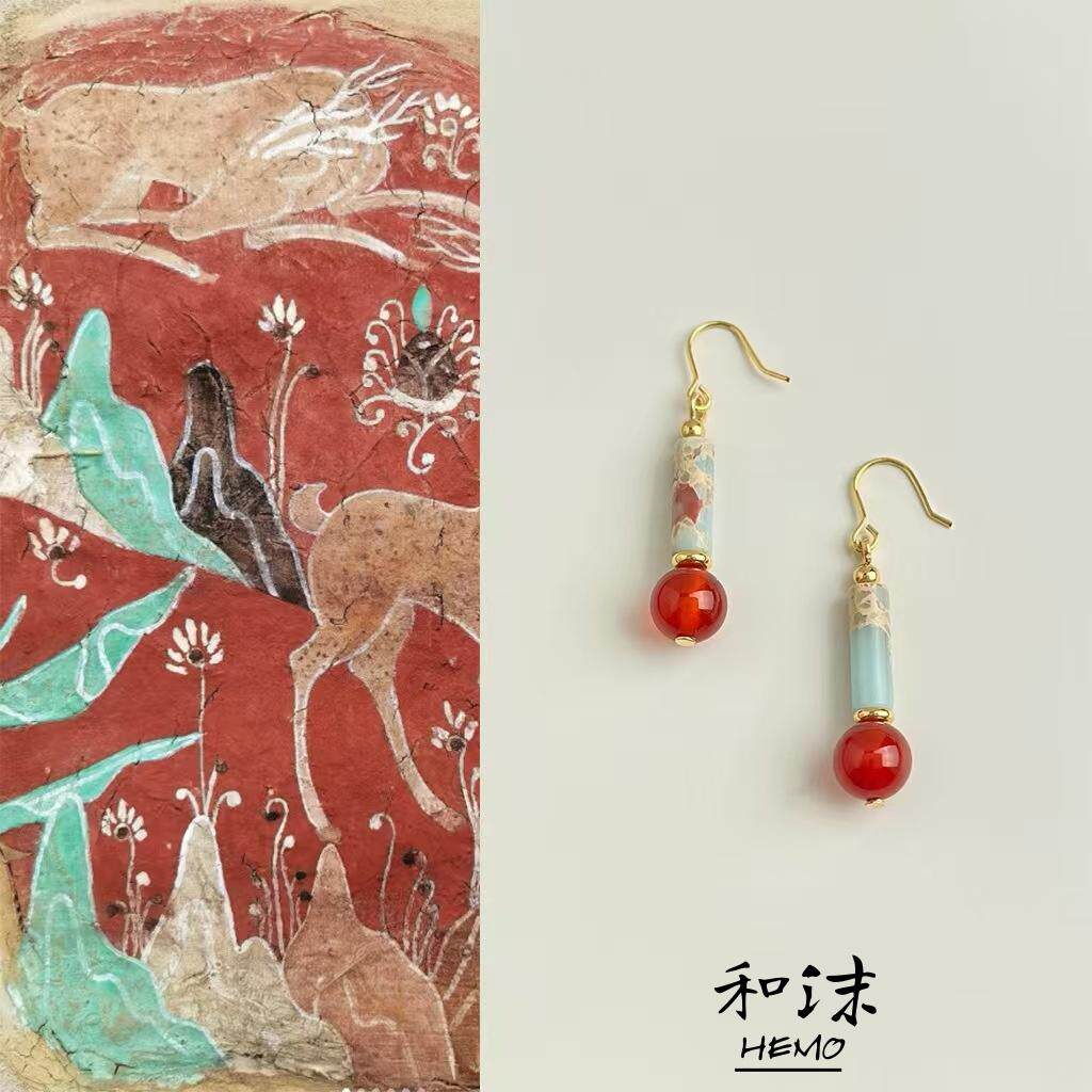 【红韵石语】丨国潮原创设计新中式玛瑙耳环复古文艺寿山石耳饰女