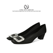 时尚 黑色经典 方头粗跟通勤鞋 LUKE浅口绸缎真丝水钻rv方扣单鞋 女鞋