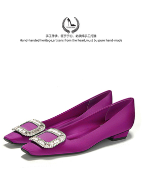 LUKE水钻方扣浅口单鞋女2025春秋新款绸缎方头粗跟不累脚高跟鞋