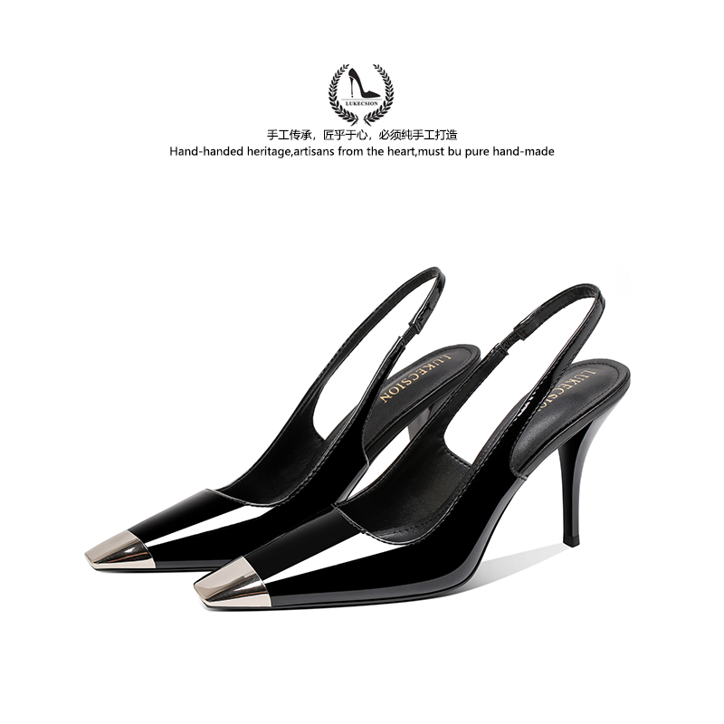 金属头真皮方头性感后空凉鞋走秀