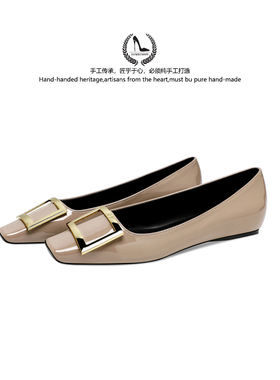 LUKE秋季新款rv方扣漆皮真皮百搭方头浅口卡其色平底职业通勤单鞋