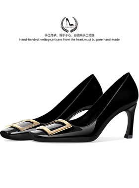 LUKE黑色高跟鞋女细跟方头浅口职业通勤单鞋女舒适百搭不累脚