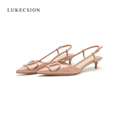 女夏新款 真皮尖头V扣通勤法式 低跟时尚 LUKE包头猫跟凉鞋 小高跟鞋