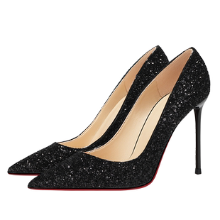 LUKE黑色红底高跟鞋女细跟2026新款CL亮片水晶鞋尖头性感宴会单鞋