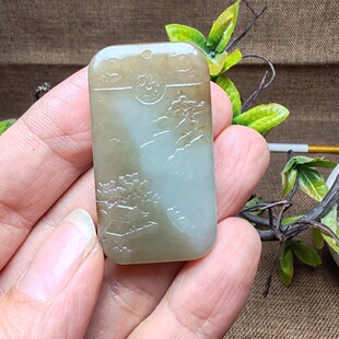 新疆和田玉且末糖白玉山水玉牌子吊坠挂件油润男女国风宁静致远