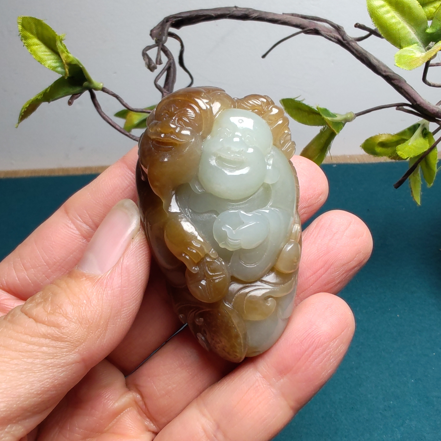 新疆和田玉且末糖青白玉佛财神龙手把件苏工高档男女国风财福双至