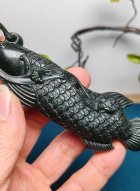 新疆和田玉塔青玉金龙鱼手把件摆件苏工精品保真男女国风年年有余