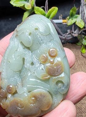 新疆和田玉且末糖青白玉双金鱼如意荷叶手把件精英男国风鸿运当头