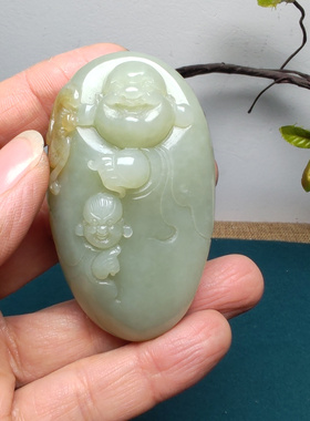 新疆和田玉且末糖青白玉佛童子蝙蝠手把件精品男女国风佛引福来