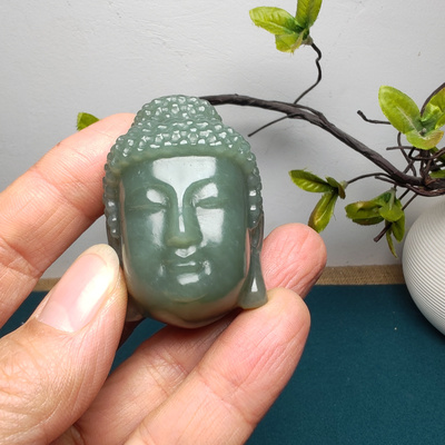 新疆和田玉且末蓝调糖玉佛头小把件苏工精品油润男女国风花开见佛