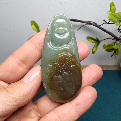 新疆和田玉且末蓝调糖玉佛蝙蝠铜钱吊坠挂件手把件男女佛引福来