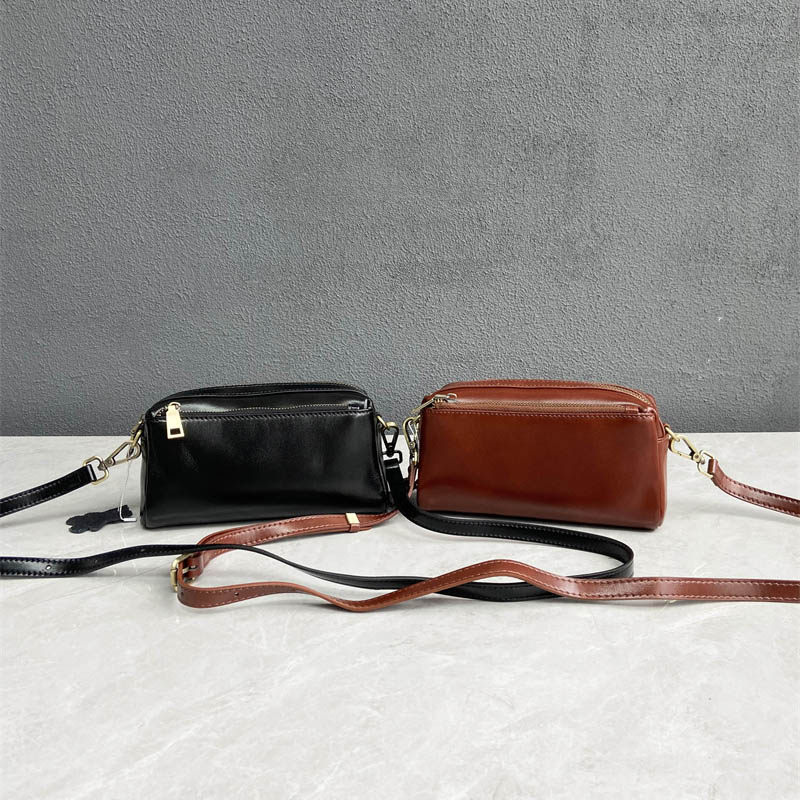 复古风头层植鞣牛皮多隔层小方包百搭简约文艺大容量单肩斜挎女包