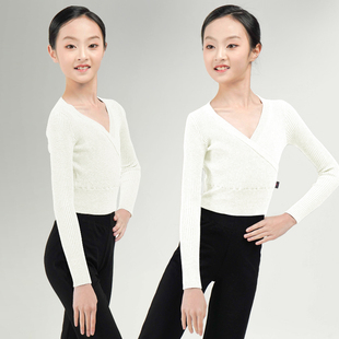 儿童舞蹈毛衣女童秋冬季交叉v领针织免系带芭蕾舞套头外套灰白色