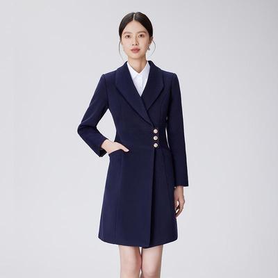 高端中长款呢子藏蓝色酒店前台接待售楼部珠宝店工作服外套女加厚