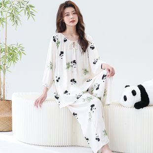 家居服两件套装 卡通熊猫圆领棉绸大码 七分袖 国风薄款 夏 睡衣女新款