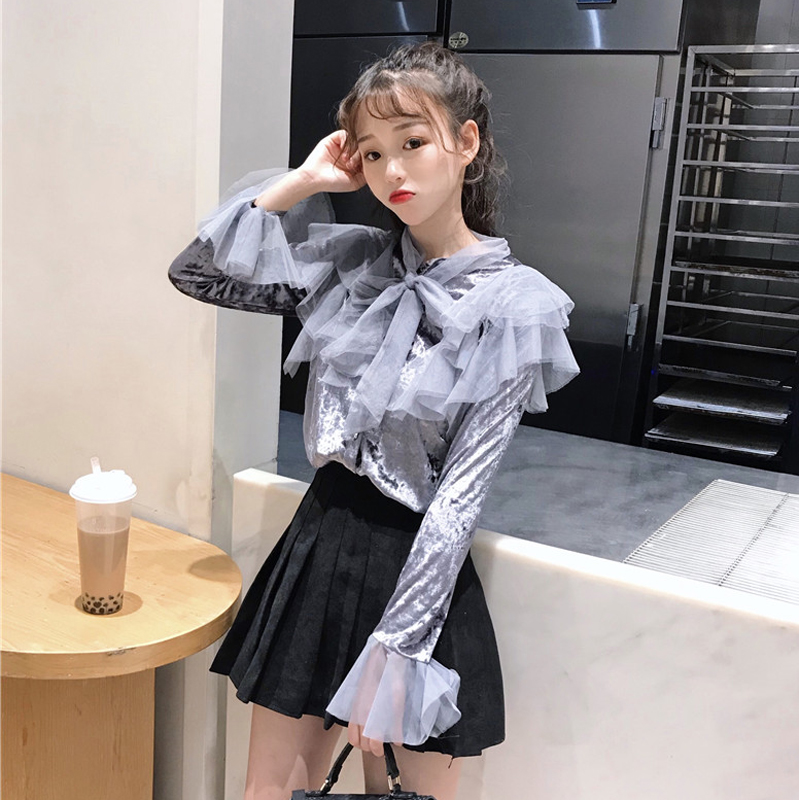 冬装女装2018新款韩版甜美系带蝴蝶结蕾丝打底衫开衫上衣雪纺衫女