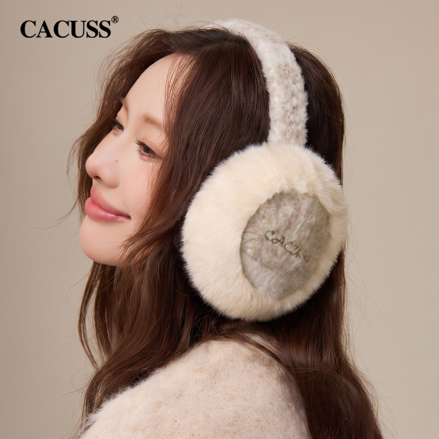 CACUSS毛绒耳罩女秋冬可折叠户外防寒刺绣耳套保暖骑行耳包耳捂子