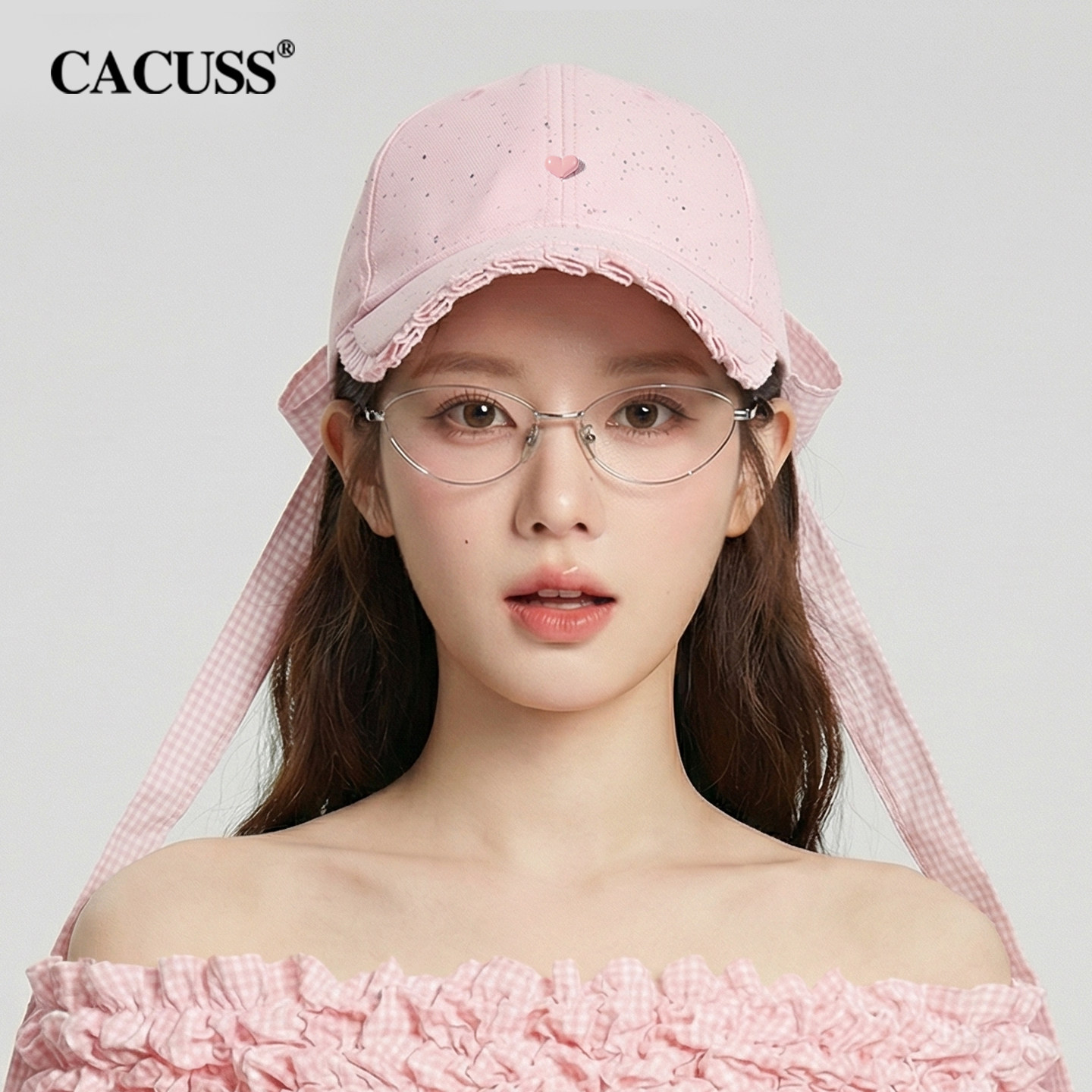 CACUSS鸭舌帽子女春纯棉软顶格纹飘带文艺蝴蝶结棒球帽可拆卸抓夹