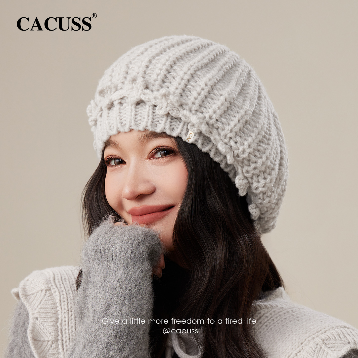 CACUSS秋冬手工钩花针织贝雷帽女