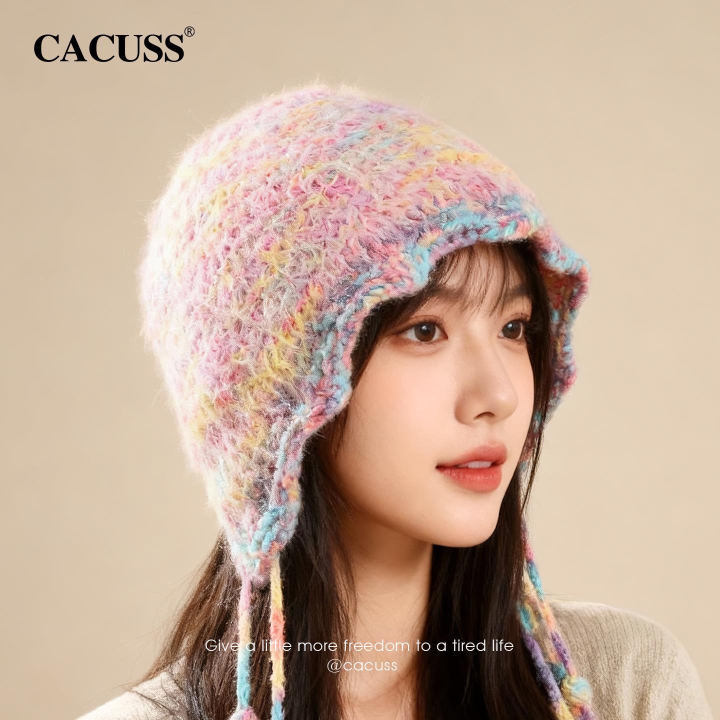 CACUSS冬季保暖彩色毛绒护耳帽女