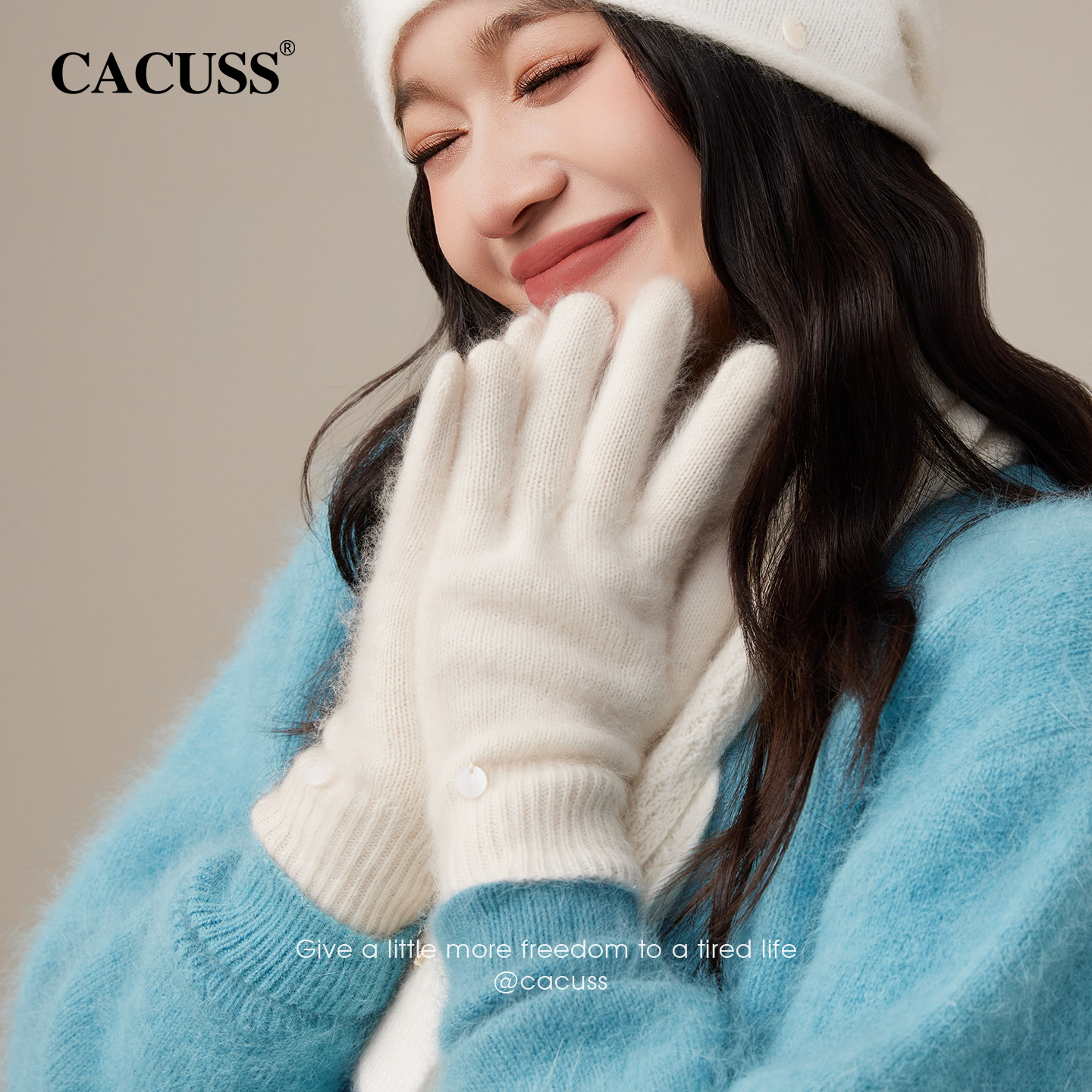 CACUSS绵羊毛手套女士冬季羊绒保暖防寒加厚针织毛线护腕分指手套