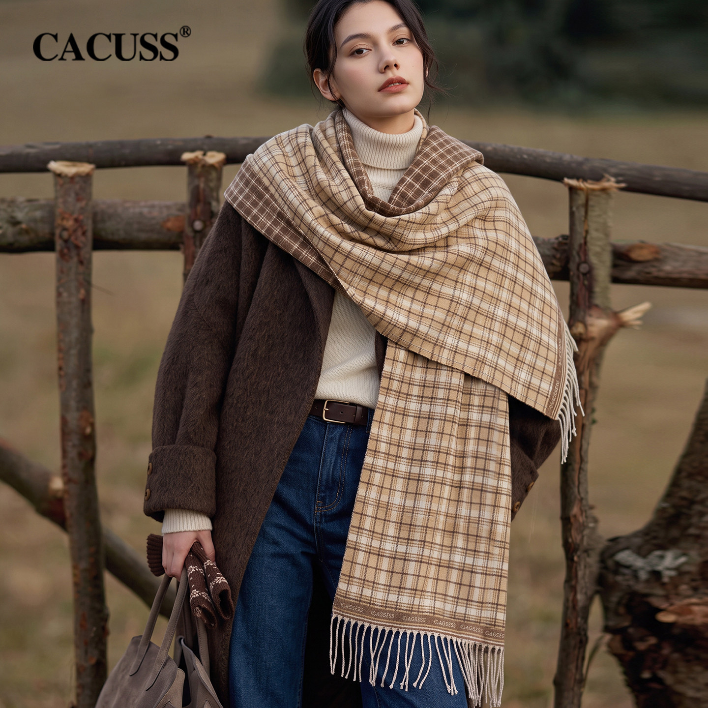 CACUSS格纹围巾女秋冬加大加厚保暖披肩两用简约格子流苏护颈围脖