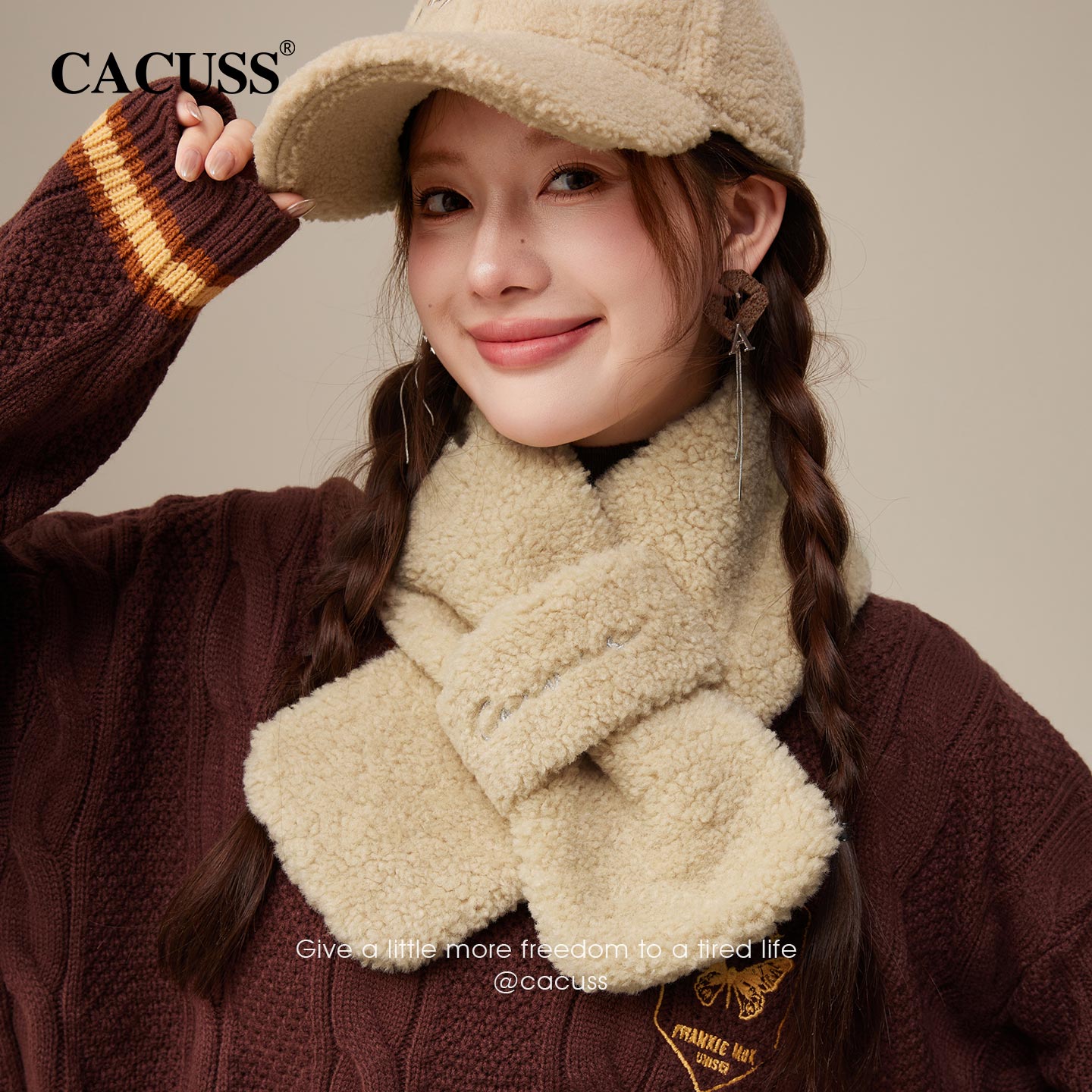 CACUSS冬季加厚保暖羊羔绒围巾女