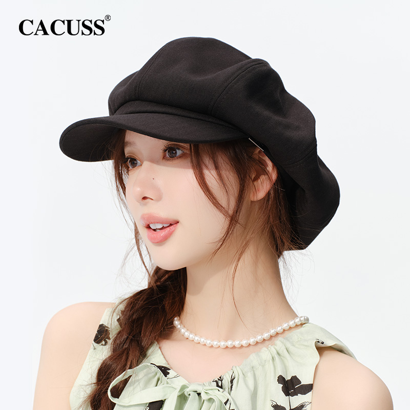 CACUSS黑色贝雷帽女春夏八角帽画家帽大头围云朵帽显脸小百搭帽