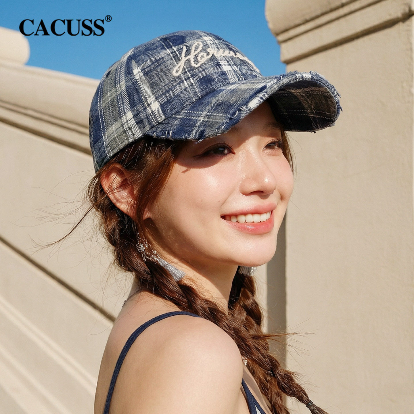 CACUSS复古格纹鸭舌帽女士春季扎染毛边棒球帽休闲学院风软顶帽子