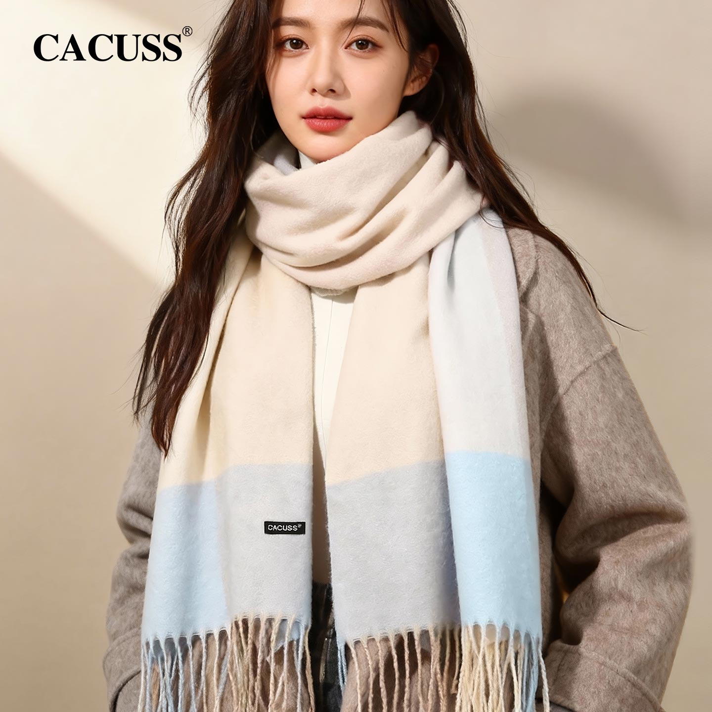 CACUSS秋冬流苏简约棉羊毛围巾女