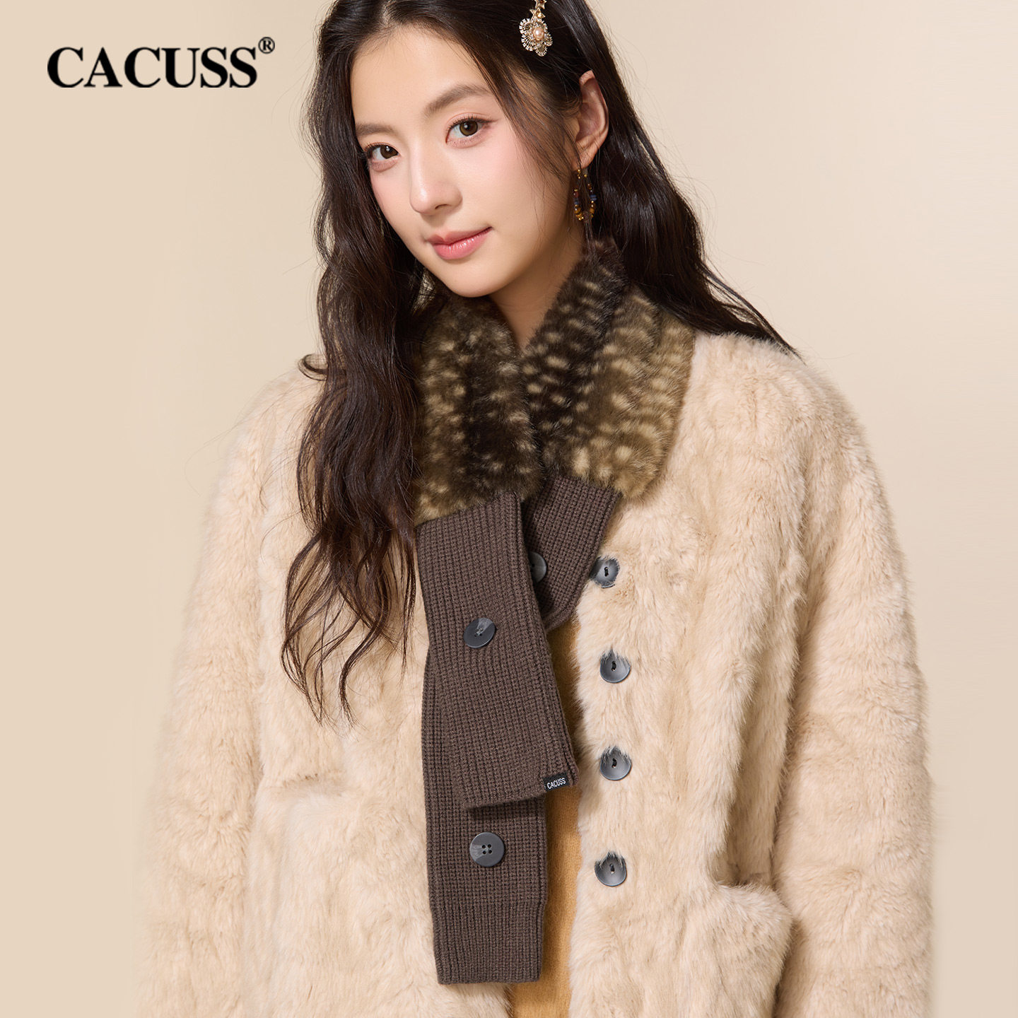 CACUSS豹纹围巾女秋冬护颈保暖围脖毛绒针织拼接高级感交叉毛毛领