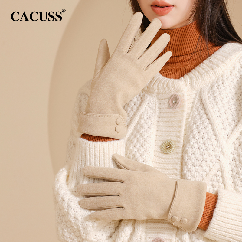 CACUSS德绒加厚手套女冬季加绒保暖防风户外骑行开车防寒触屏分