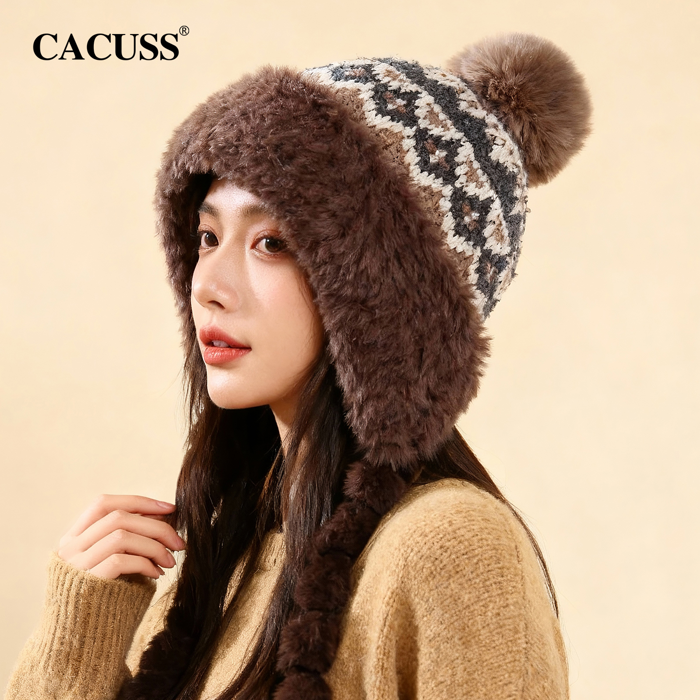 CACUSS加绒费尔岛提花针织帽女冬