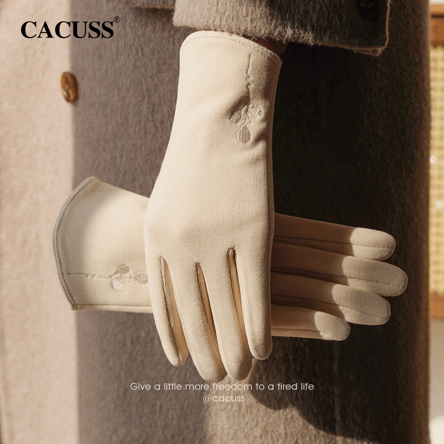 CACUSS冬季时尚加厚保暖刺绣手套