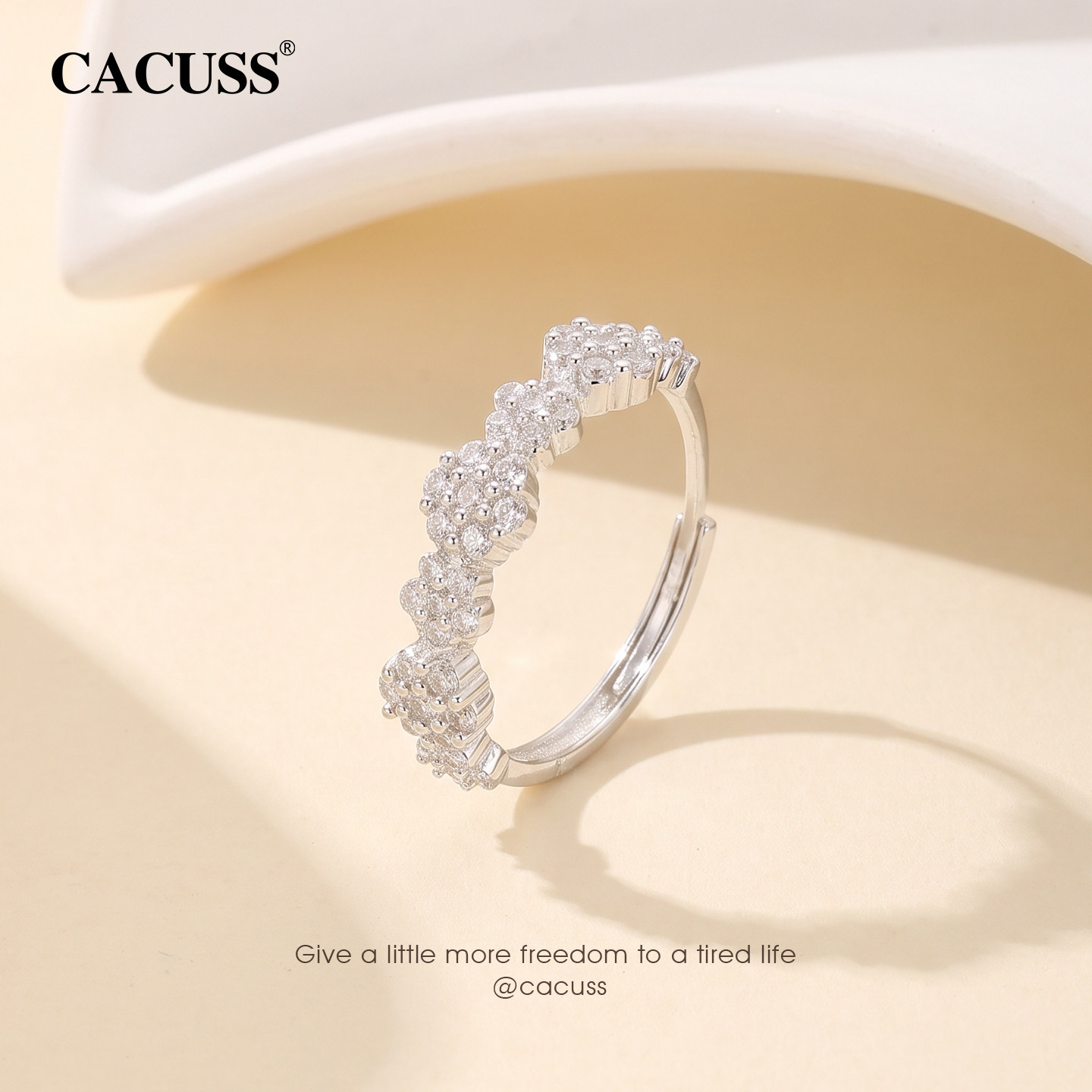 CACUSS花簇排钻银戒指可调节开口戒女轻奢气质配饰温柔高级感指环