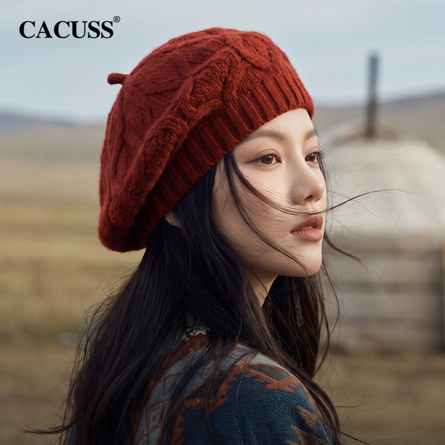 CACUSS绵羊毛贝雷帽女秋冬复古麻花保暖针织帽子氛围感显白画家帽